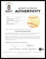Hank Greenberg Autographed Official Baseball Detroit Tigers Vintage Playing Days Signature Beckett BAS QR #AE48184