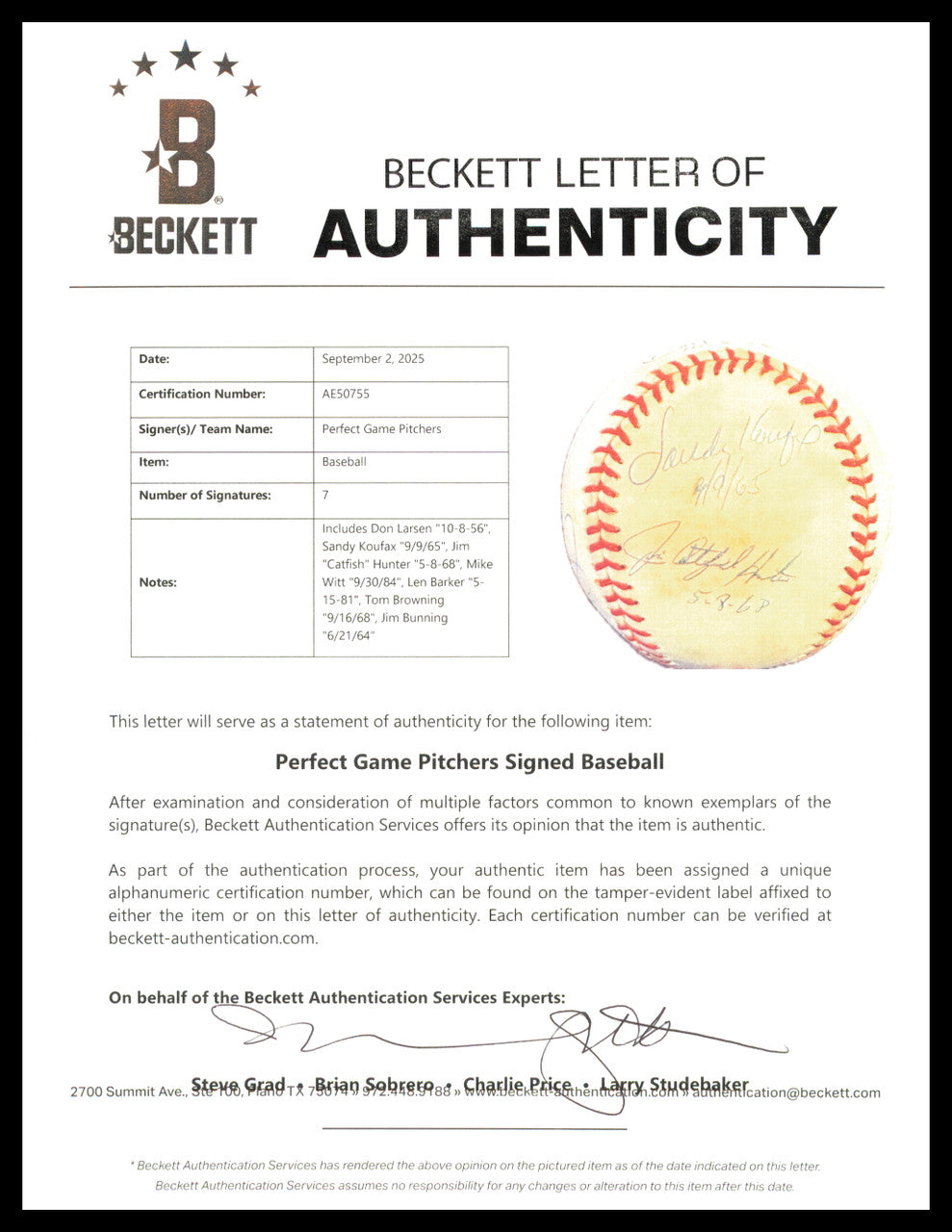 Perfect Game Pitchers Autographed Official AL Baseball With 7 Signatures Including Sandy Koufax Beckett BAS QR #AE50755