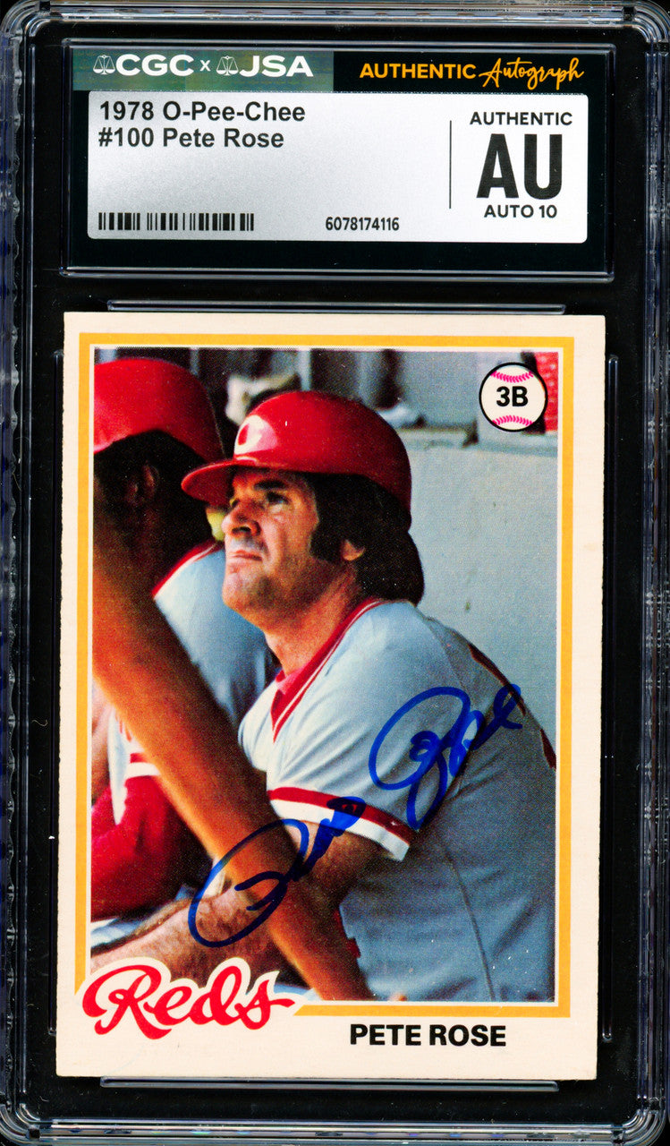 Pete Rose Autographed 1978 O-Pee-Chee Card #100 Cincinnati Reds Auto Grade Gem Mint 10 CGC x JSA #6078174116