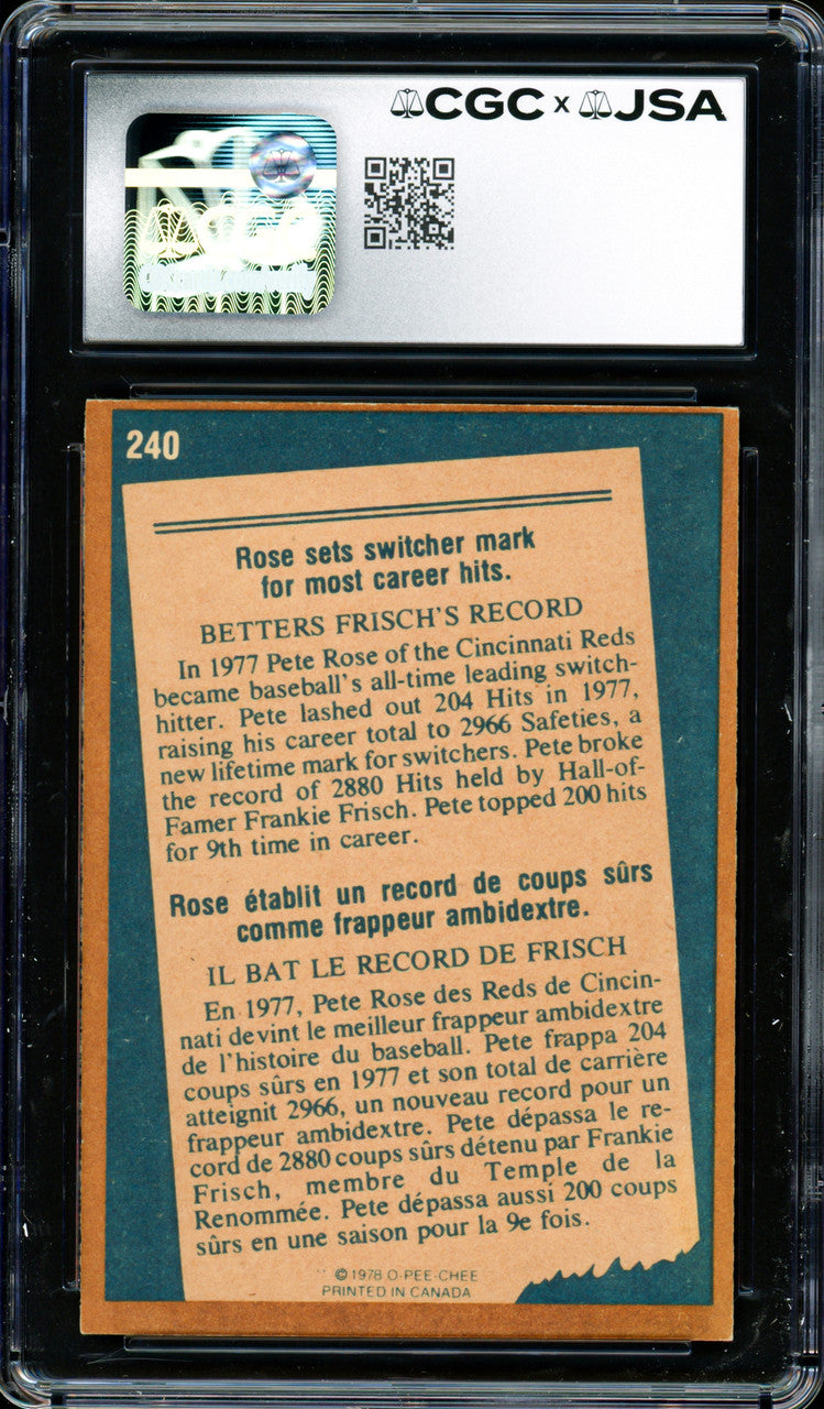 Pete Rose Autographed 1978 O-Pee-Chee Card #240 Cincinnati Reds CGC x JSA #6078174091