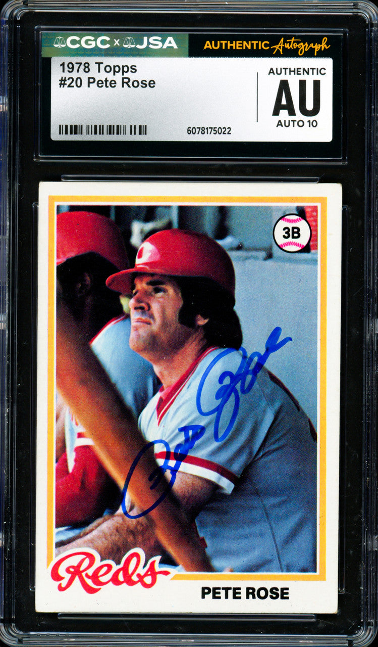 Pete Rose Autographed 1978 Topps Card #20 Cincinnati Reds Auto Grade Gem Mint 10 CGC x JSA #6078175022