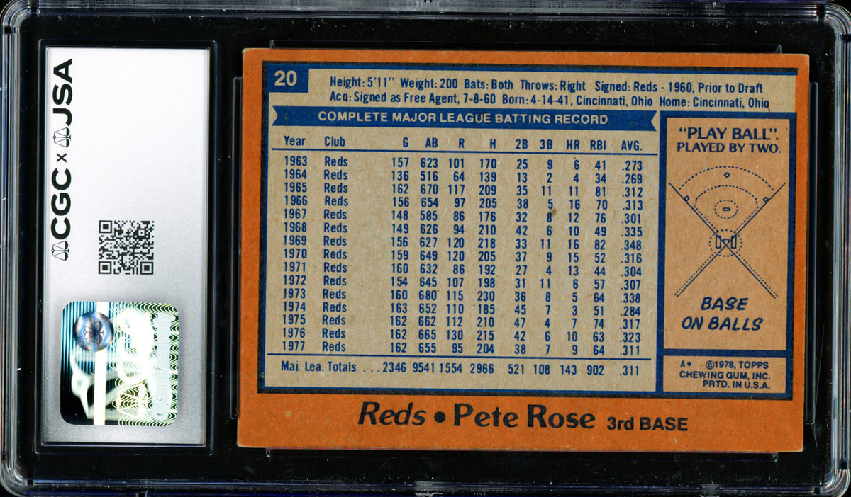 Pete Rose Autographed 1978 Topps Card #20 Cincinnati Reds Auto Grade Gem Mint 10 CGC x JSA #6078175022