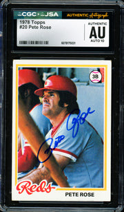 Pete Rose Autographed 1978 Topps Card #20 Cincinnati Reds Auto Grade Gem Mint 10 CGC x JSA #6078175031