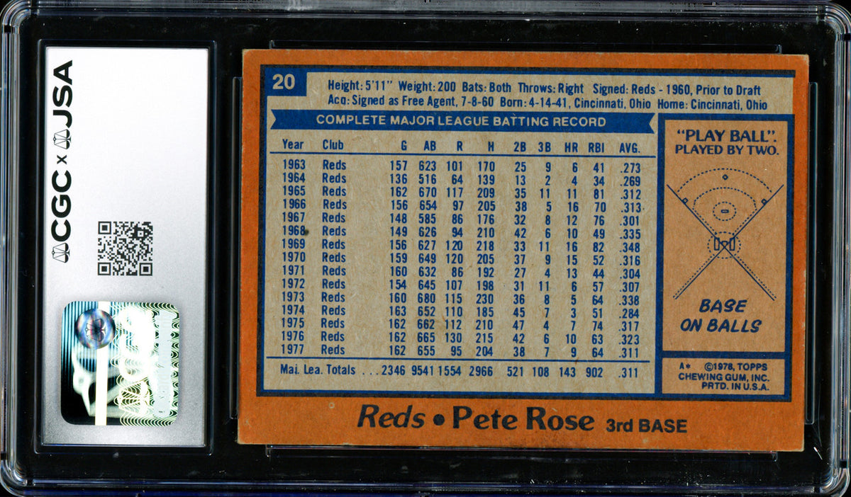 Pete Rose Autographed 1978 Topps Card #20 Cincinnati Reds Auto Grade Gem Mint 10 CGC x JSA #6078175031