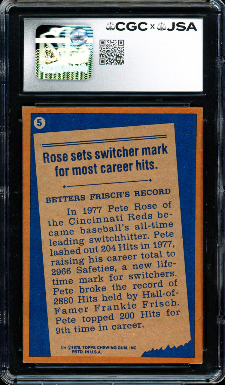 Pete Rose Autographed 1978 Topps Card #5 Cincinnati Reds Card Grade 7 CGC x JSA #6078174107