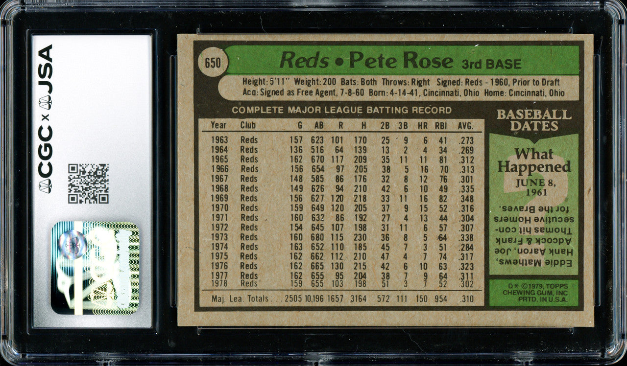 Pete Rose Autographed 1979 Topps Card #650 Cincinnati Reds CGC x JSA #6078174057