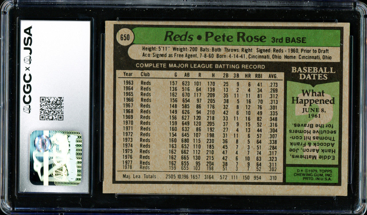 Pete Rose Autographed 1979 Topps Card #650 Cincinnati Reds CGC x JSA #6078174055