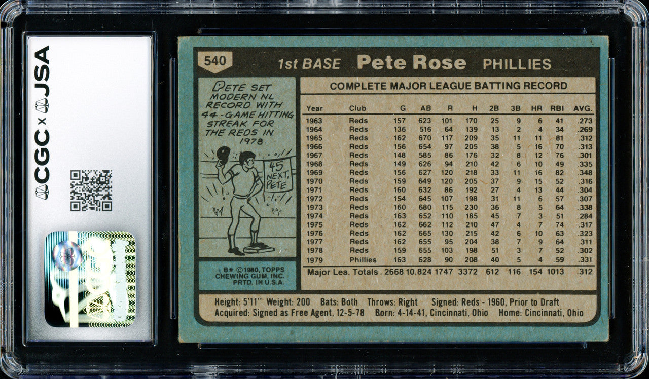 Pete Rose Autographed 1980 Topps Card #540 Philadelphia Phillies CGC x JSA #6078164217