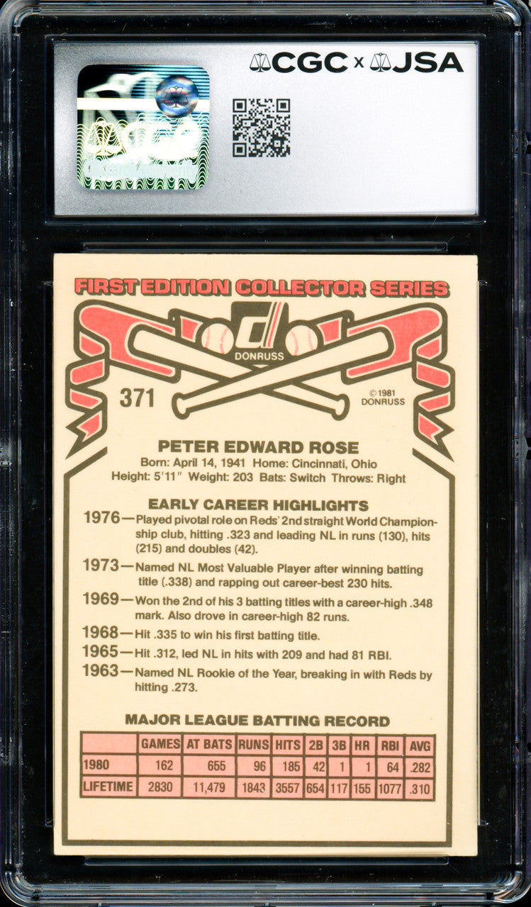 Pete Rose Autographed 1981 Donruss Card #371 Philadelphia Phillies CGC x JSA #6078164249