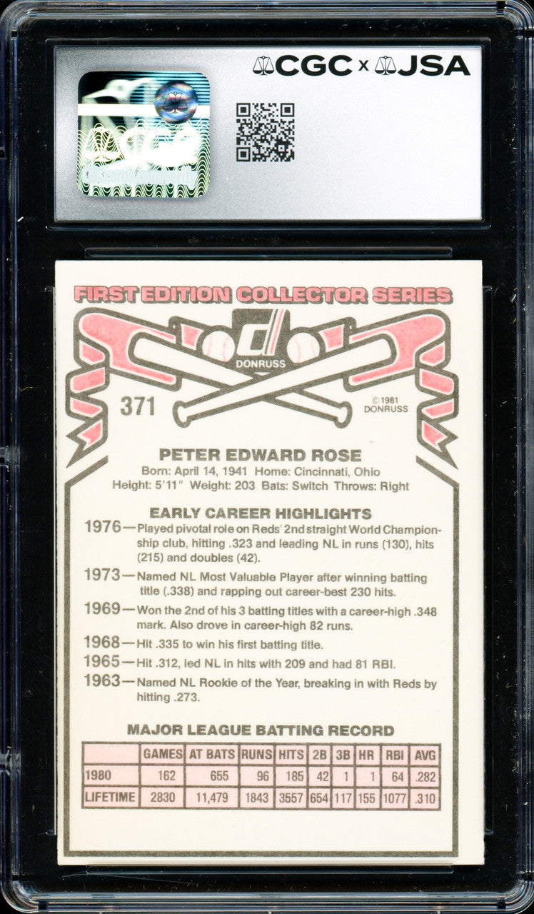 Pete Rose Autographed 1981 Donruss Card #371 Philadelphia Phillies CGC x JSA #6078164250