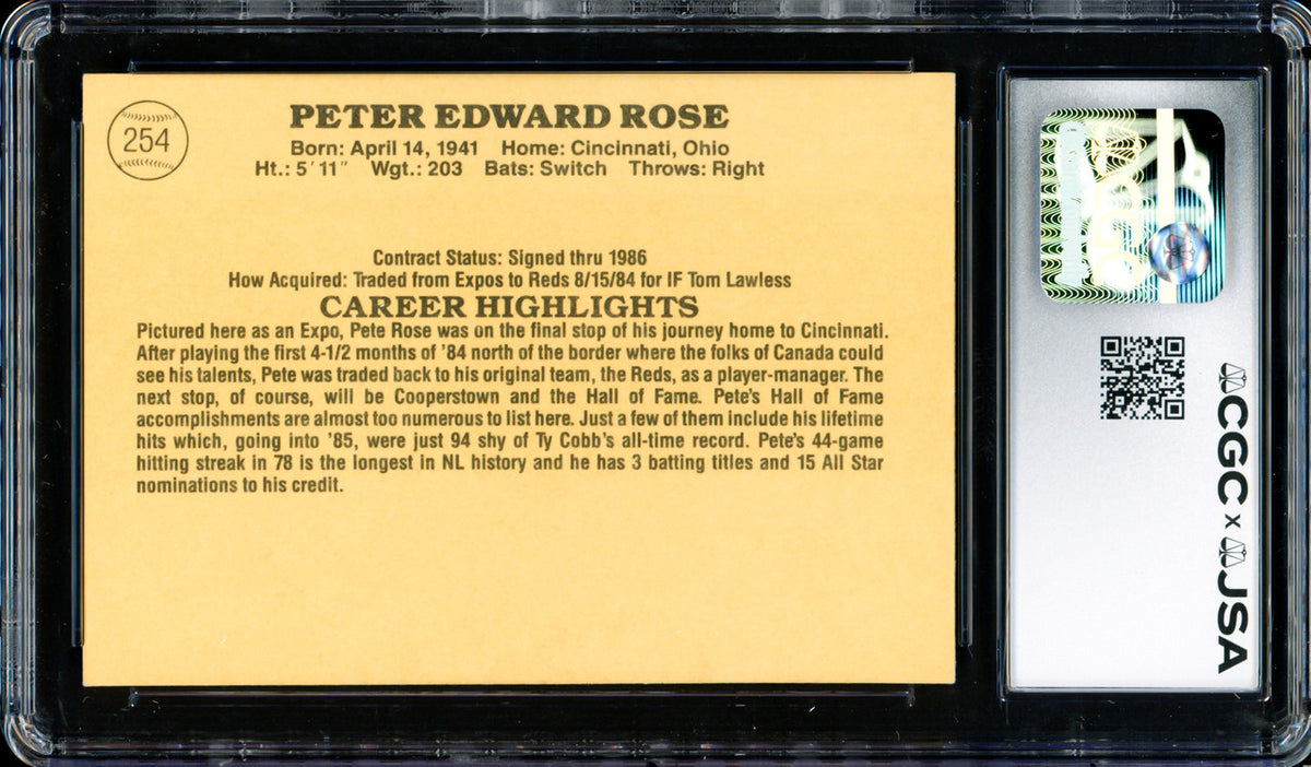 Pete Rose Autographed 1985 Donruss Card #254 Montreal Expos CGC x JSA #6078172162