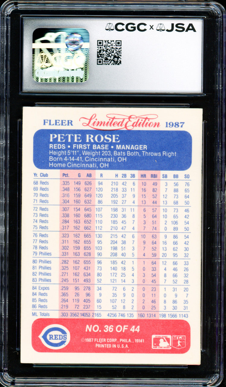 Pete Rose Autographed 1987 Fleer Limited Edition Card #36 Cincinnati Reds CGC x JSA #6078172189