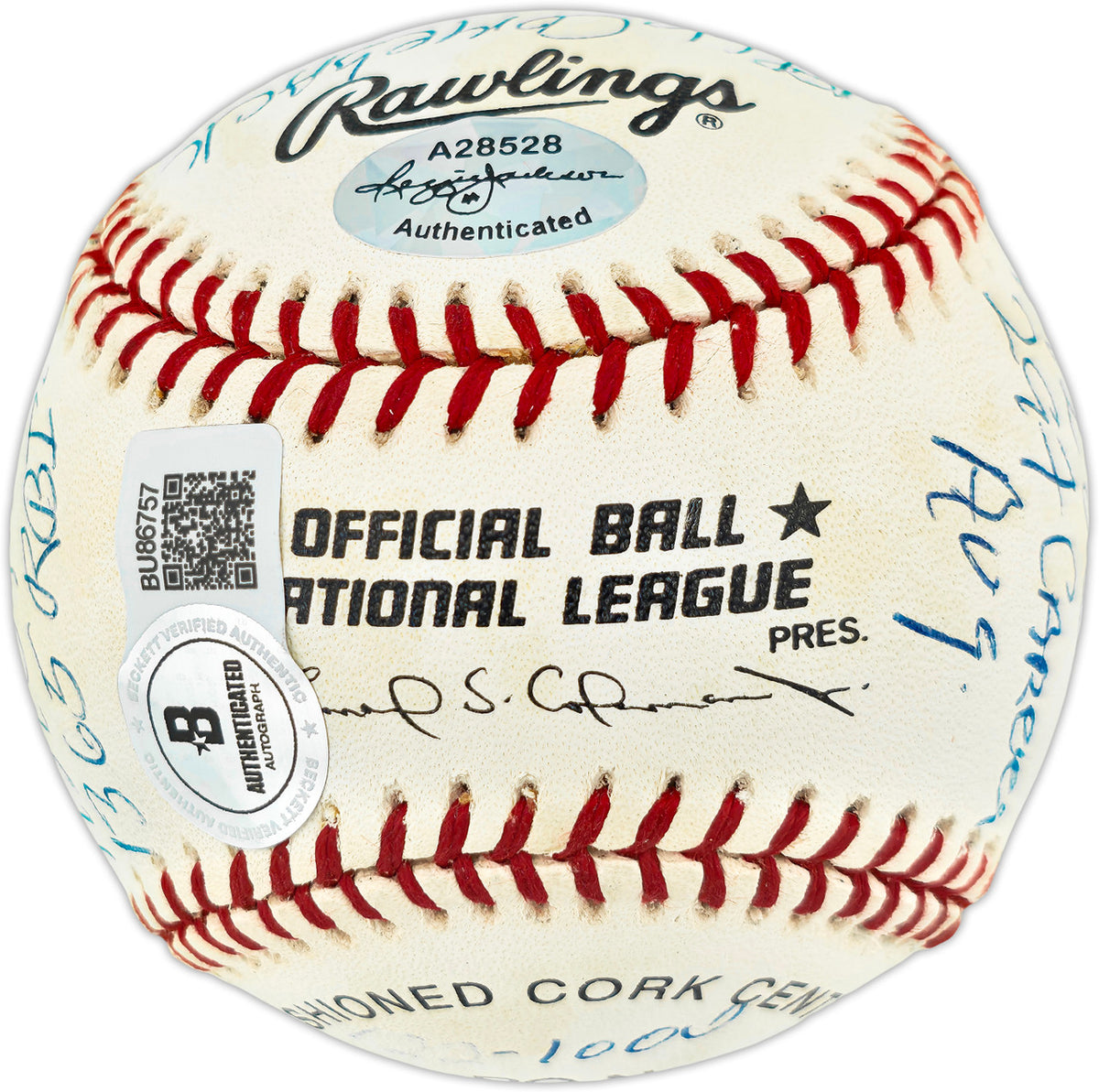 Orlando Cepeda Autographed Official NL Statball Baseball San Francisco Giants 16 Inscriptions #122/1000 Beckett BAS QR #BU86757