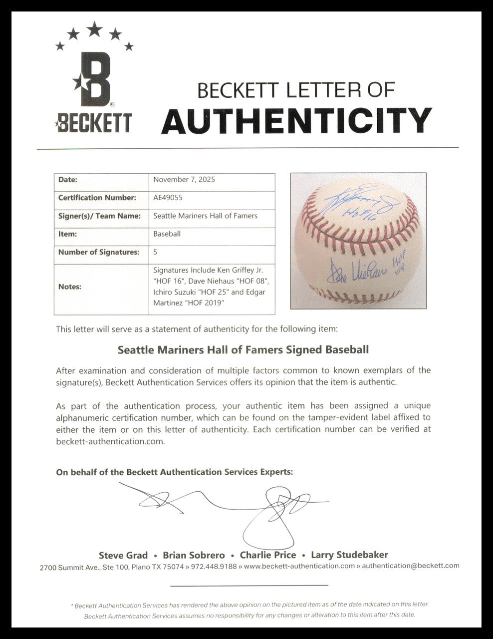 Seattle Mariners Hall of Famers Autographed Official MLB Baseball With 4 Signatures Including Ken Griffey Jr. & Dave Niehaus Beckett BAS #AE49055