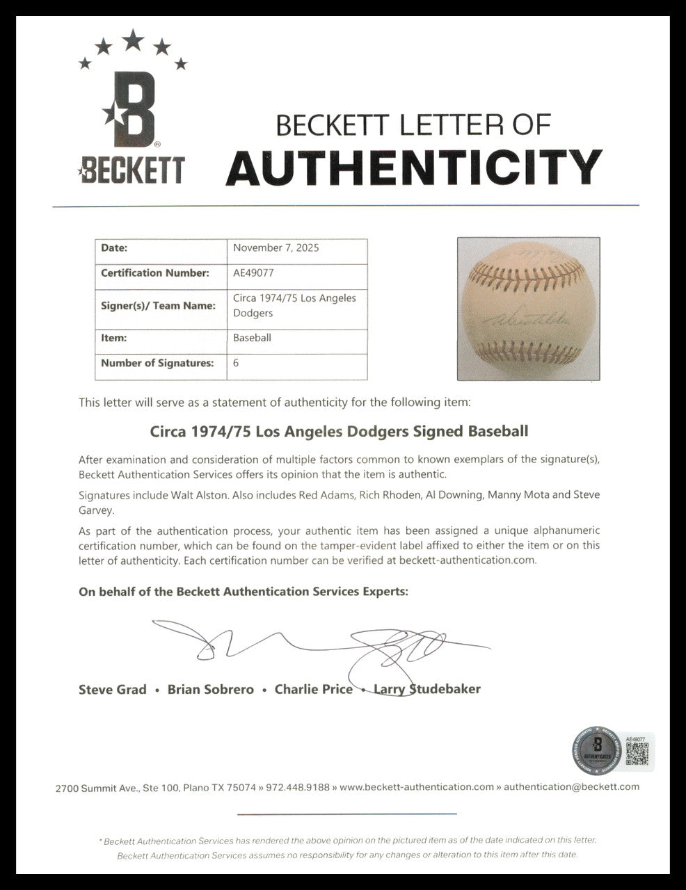 1974 Los Angeles Dodgers Autographed Official Feeney NL Baseball With 6 Signatures Including Walt Alston & Steve Garvey Beckett BAS #AE49077