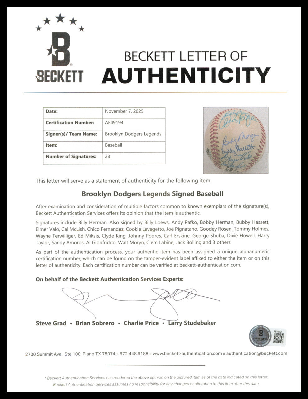 Brooklyn Dodger Greats Autographed Official NL Baseball With 28 Signatures Including Billy Herman Beckett BAS #AE49194