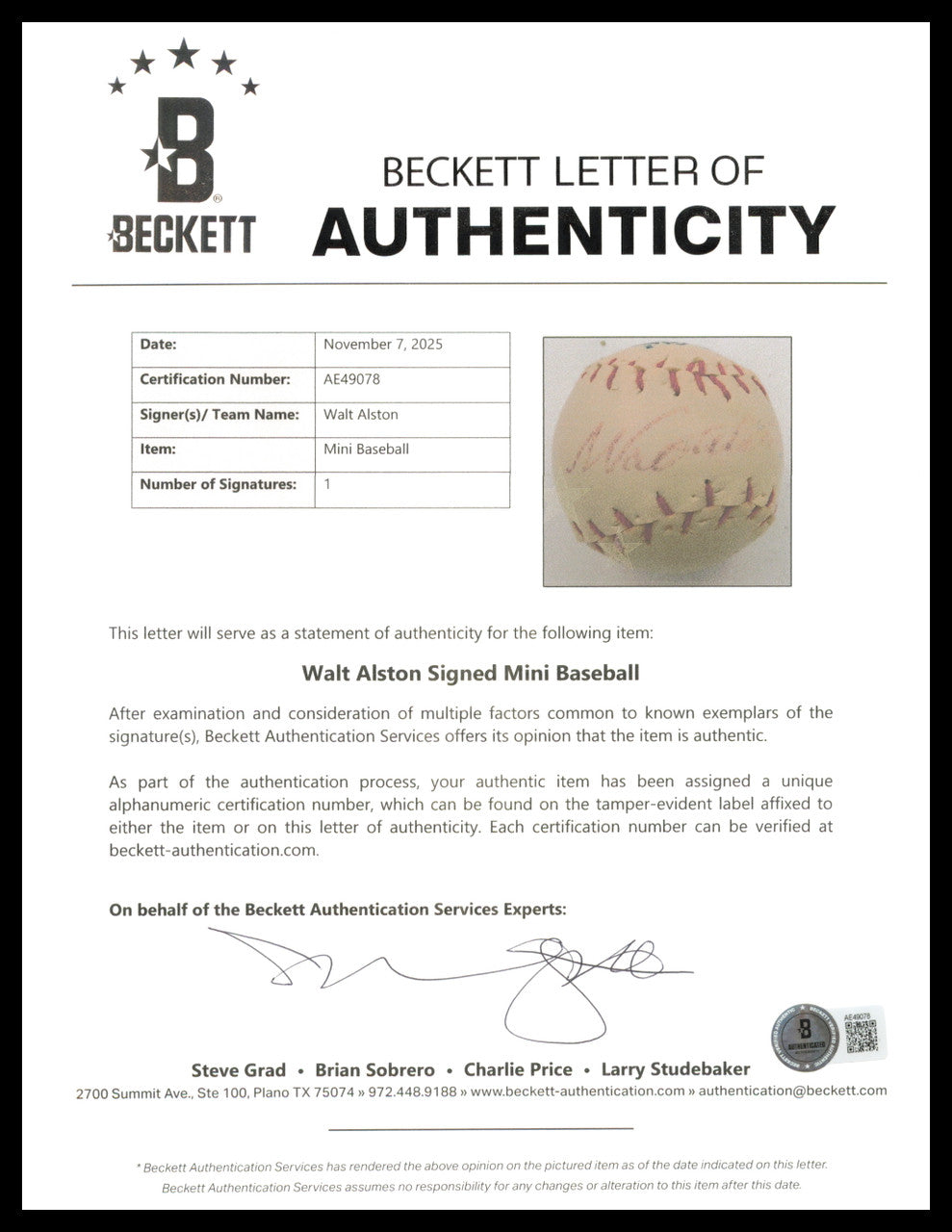 Walt Alston Autographed Toronto Blue Jays Logo Mini Baseball Beckett BAS #AE49078