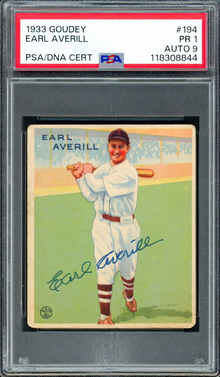 Earl Averill Autographed 1933 Goudey Rookie Card #194 Cleveland Indians PSA 1 Auto Grade Mint 9 PSA/DNA #118308844
