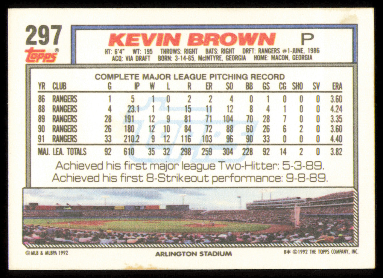 Kevin Brown Autographed 1992 Topps Card #297 Texas Rangers SKU #254624