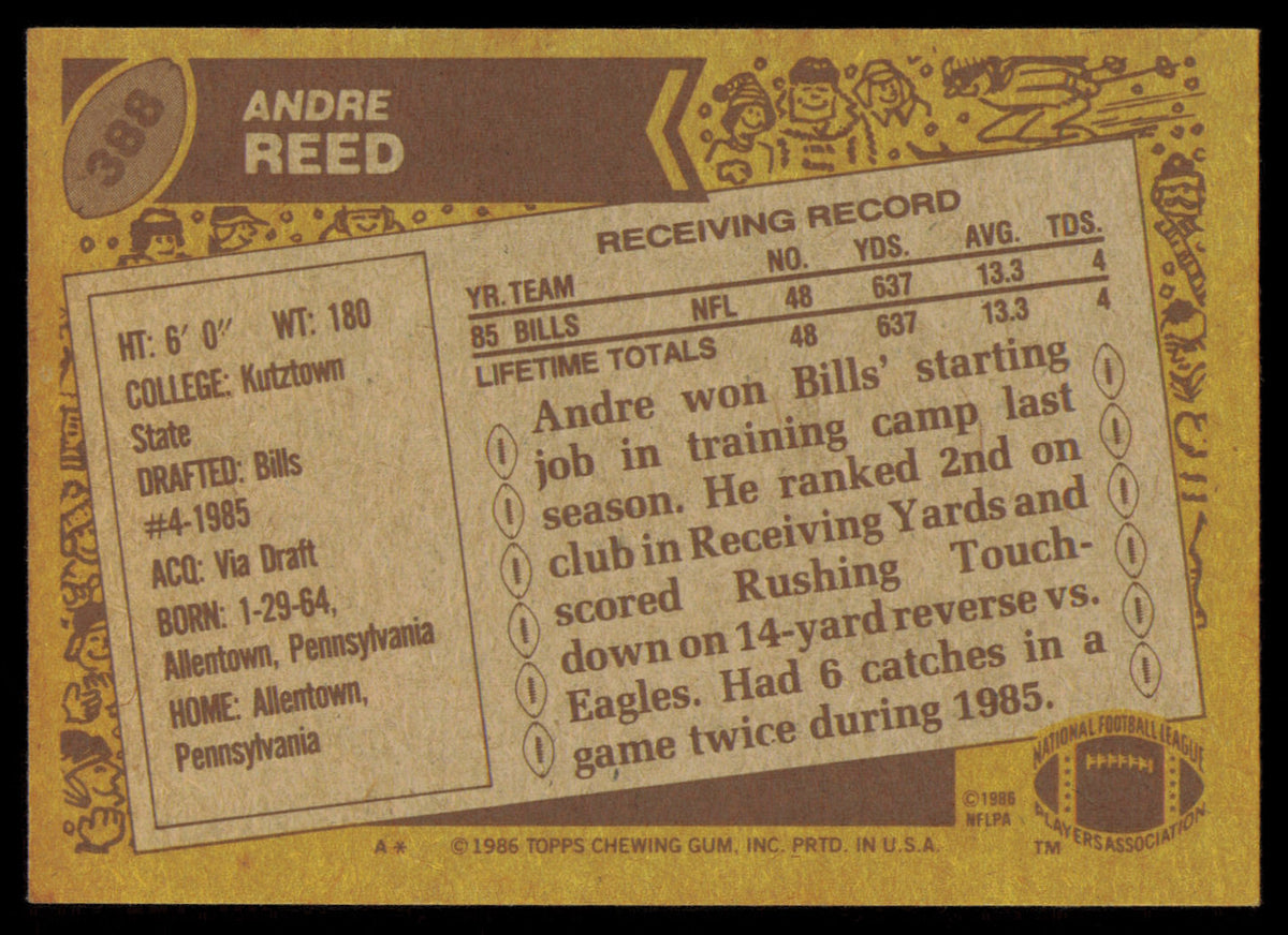 Andre Reed Autographed 1986 Topps Rookie Card #388 Buffalo Bills SKU #254625