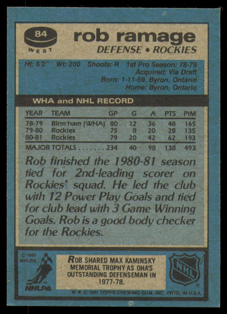 Rob Ramage Autographed 1981-82 Topps Card #84 Colorado Rockies SKU #254649