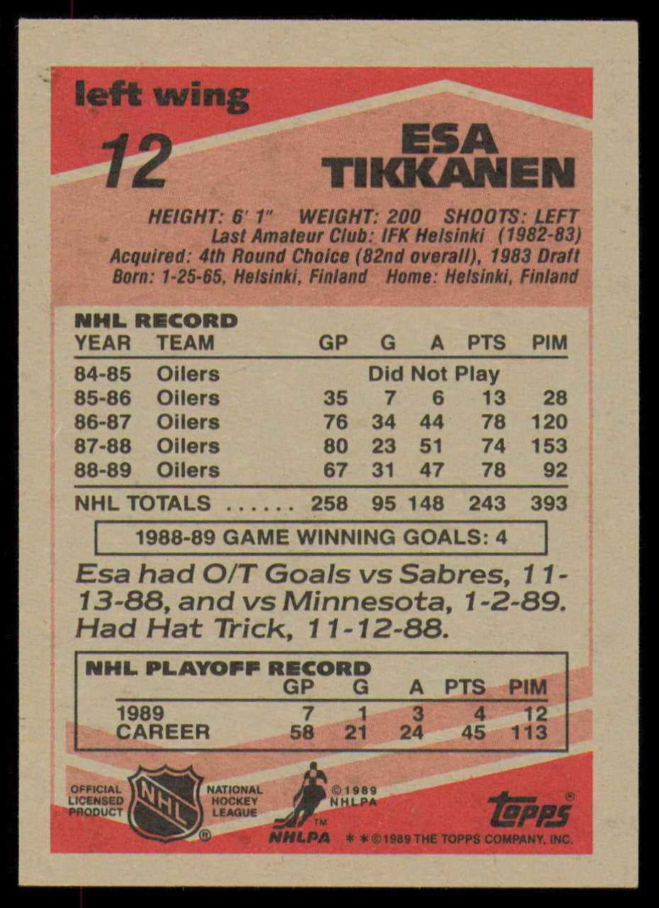Esa Tikkanen Autographed 1989-90 Topps Card #12 Edmonton Oilers SKU #254663