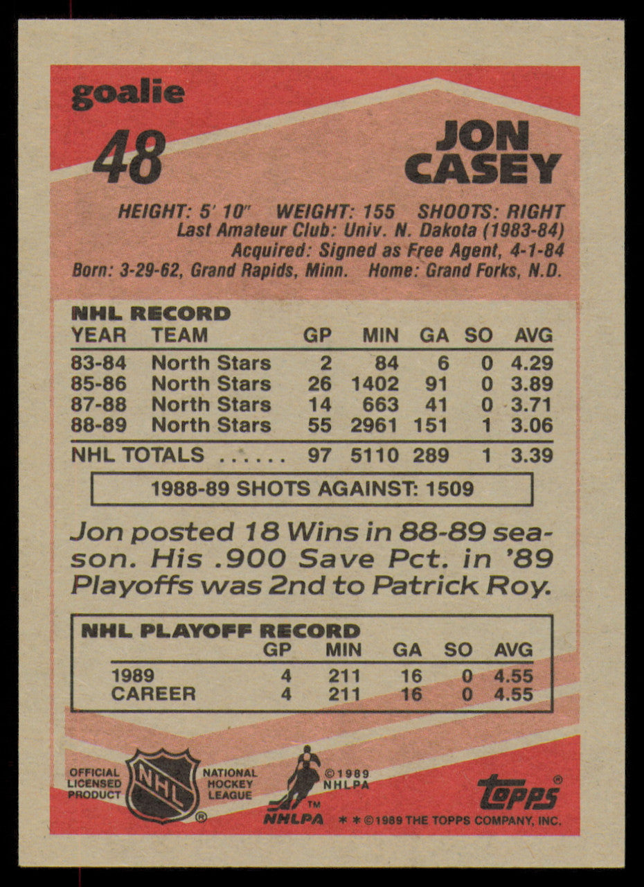 Jon Casey Autographed 1989-90 Topps Rookie Card #48 Minnesota North Stars SKU #254669