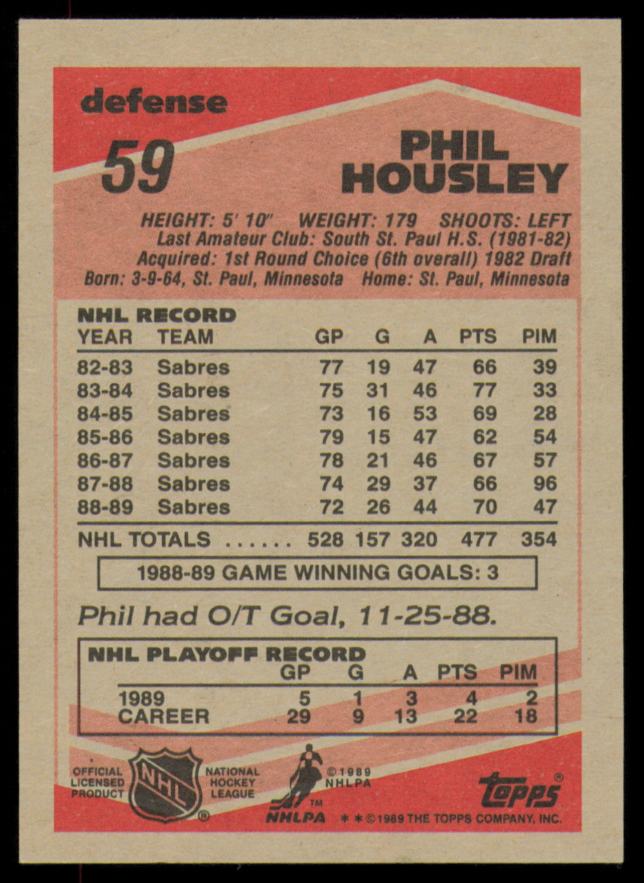 Phil Housley Autographed 1989-90 Topps Card #59 Buffalo Sabres SKU #254672