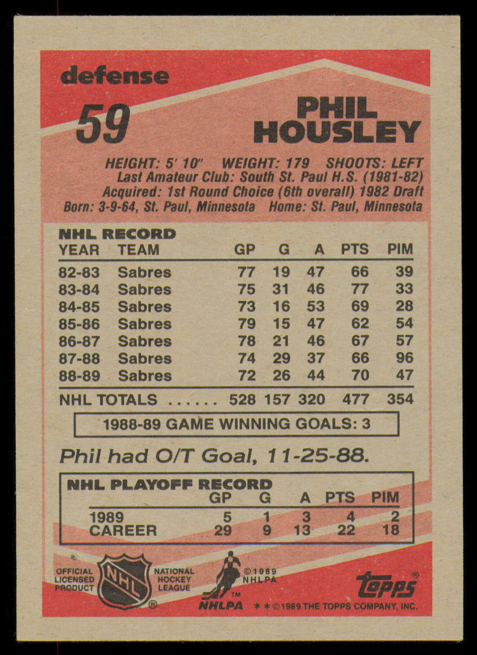 Phil Housley Autographed 1989-90 Topps Card #59 Buffalo Sabres SKU #254673