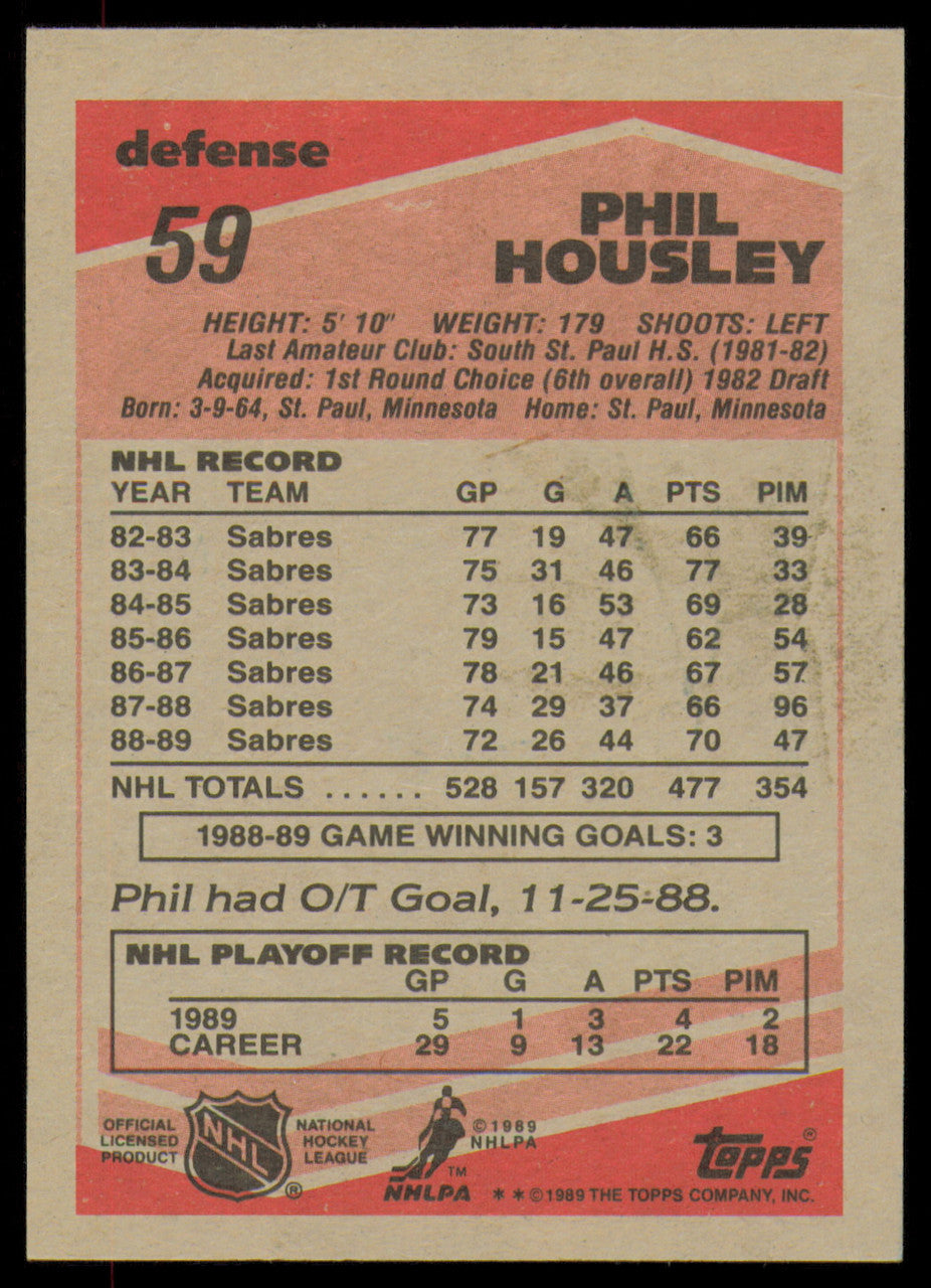 Phil Housley Autographed 1989-90 Topps Card #59 Buffalo Sabres SKU #254674