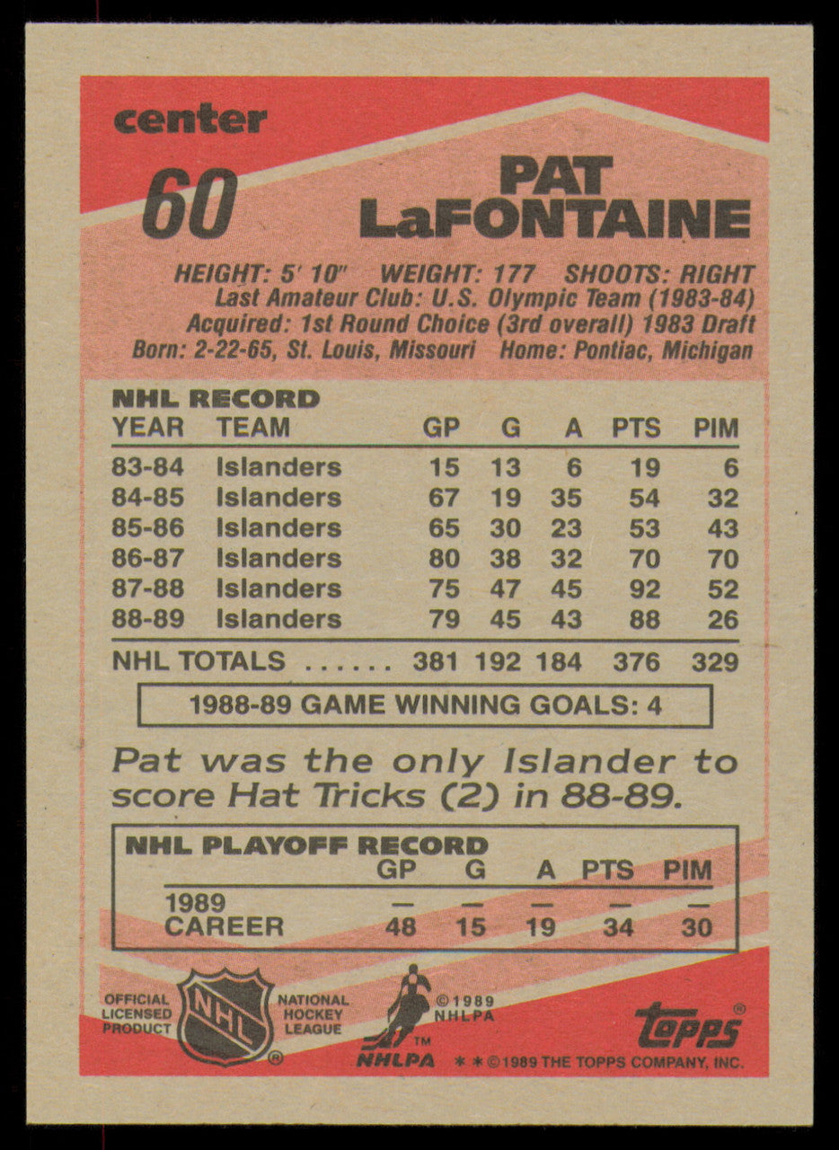 Pat LaFontaine Autographed 1989-90 Topps Card #60 New York Islanders SKU #254675