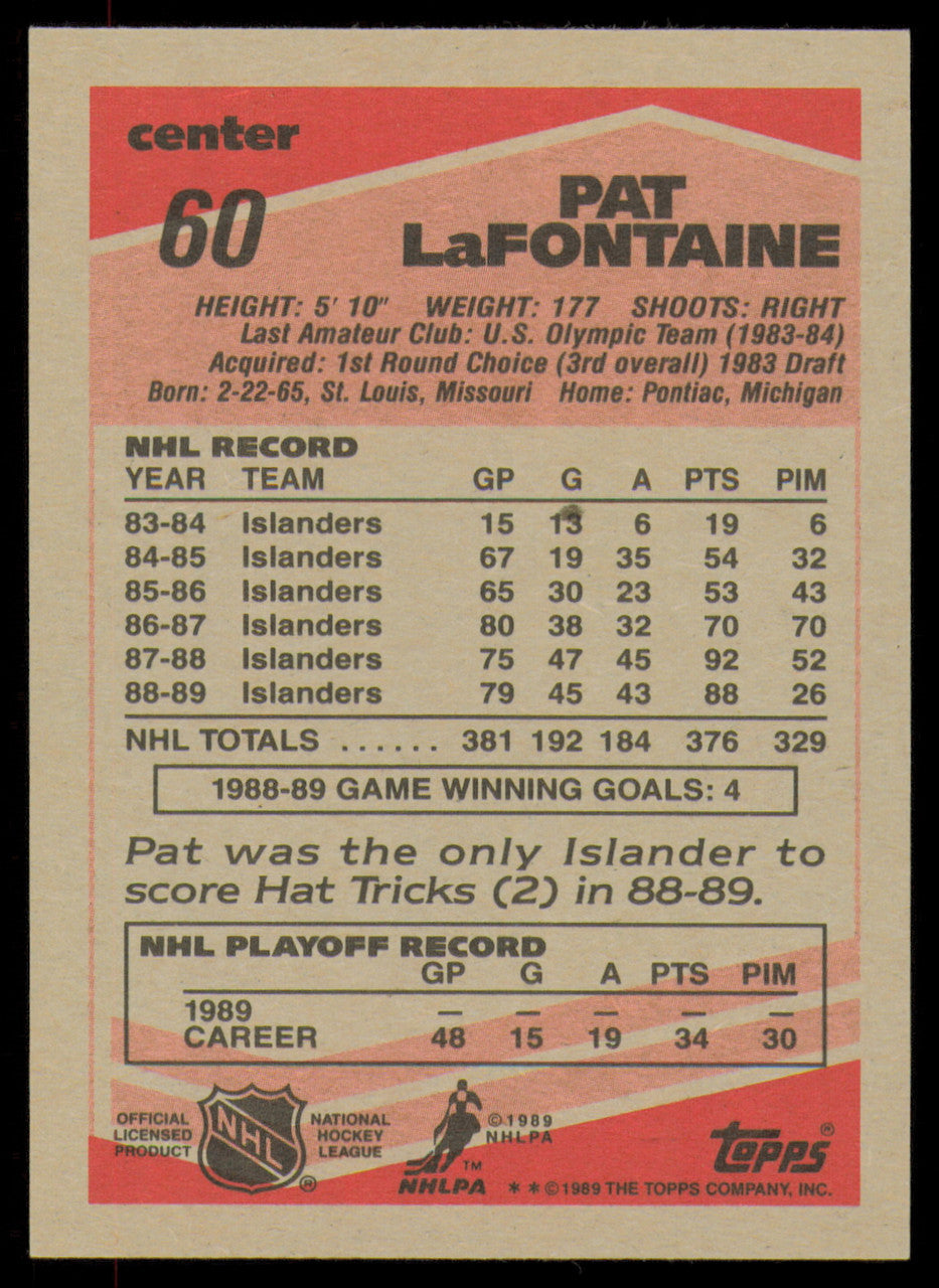 Pat LaFontaine Autographed 1989-90 Topps Card #60 New York Islanders SKU #254676