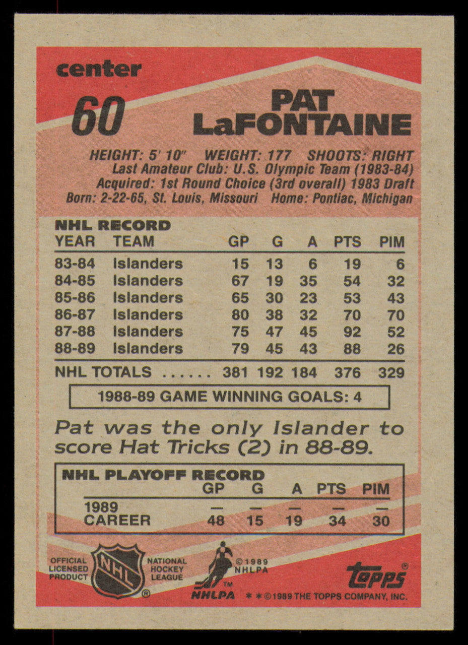 Pat LaFontaine Autographed 1989-90 Topps Card #60 New York Islanders SKU #254677