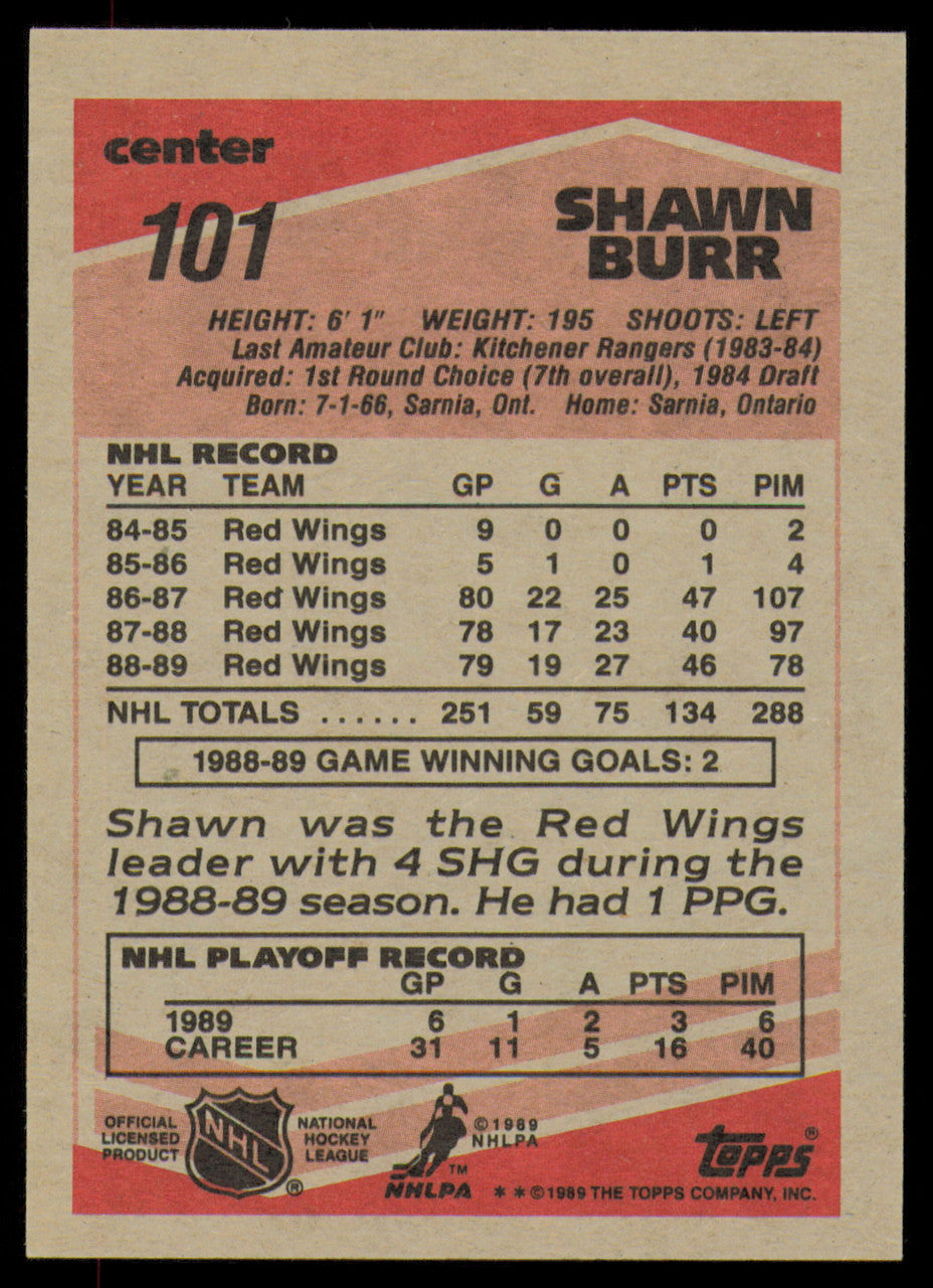 Shawn Burr Autographed 1989-90 Topps Card #101 Detroit Red Wings SKU #254683