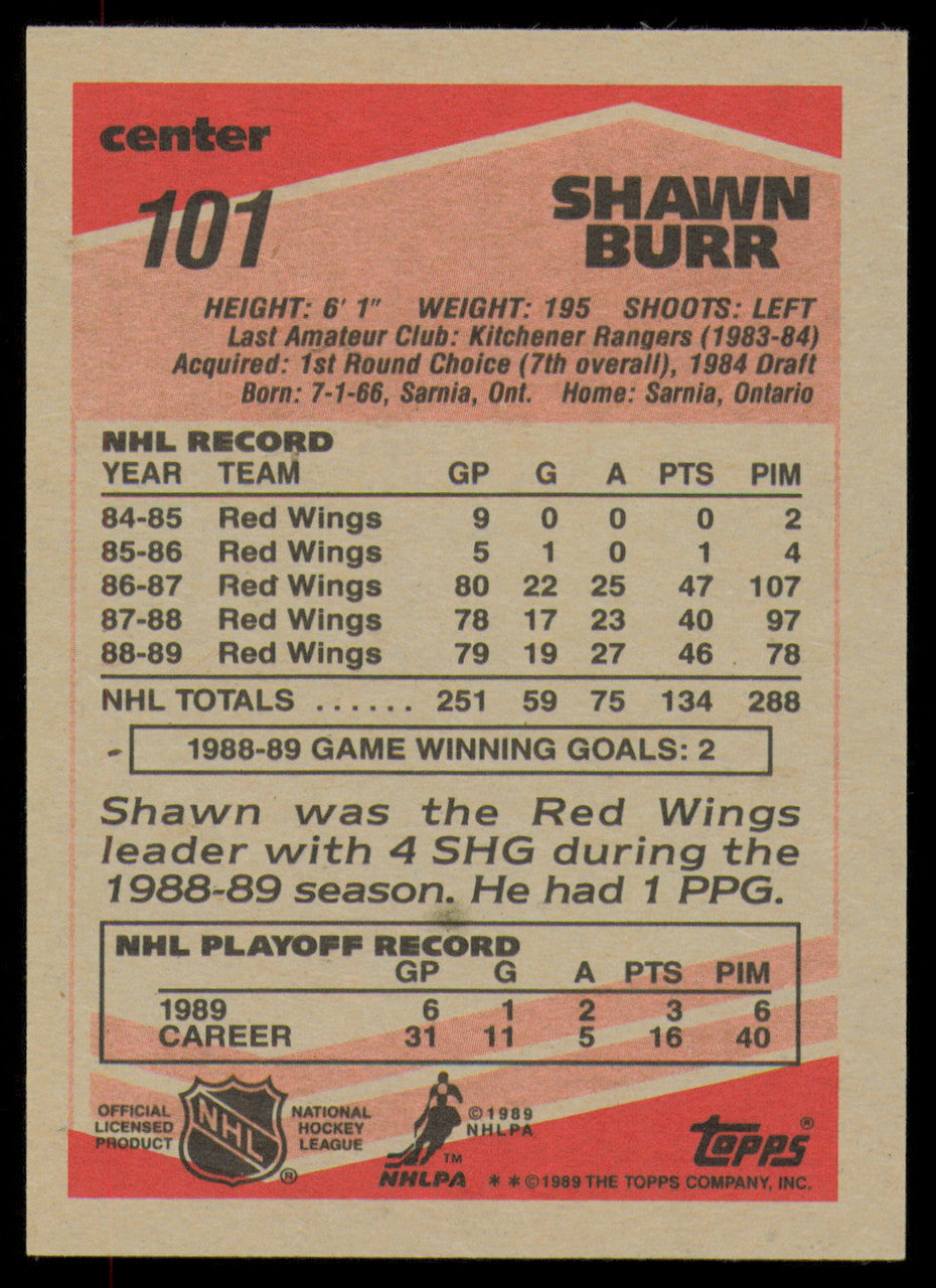 Shawn Burr Autographed 1989-90 Topps Card #101 Detroit Red Wings SKU #254684