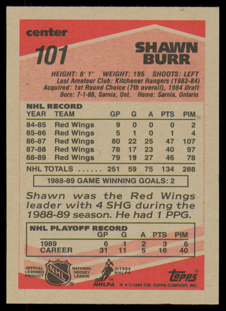 Shawn Burr Autographed 1989-90 Topps Card #101 Detroit Red Wings SKU #254685