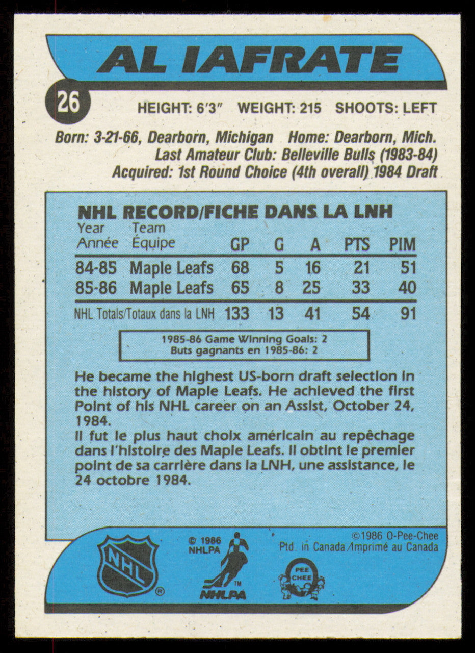 Al Iafrate Autographed 1986-87 O-Pee-Chee Card #26 Toronto Blue Jays SKU #254699