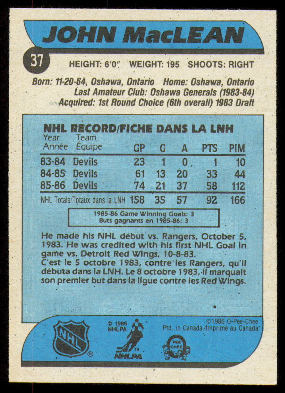 John MacLean Autographed 1986-87 O-Pee-Chee Rookie Card #37 New Jersey Devils SKU #254700