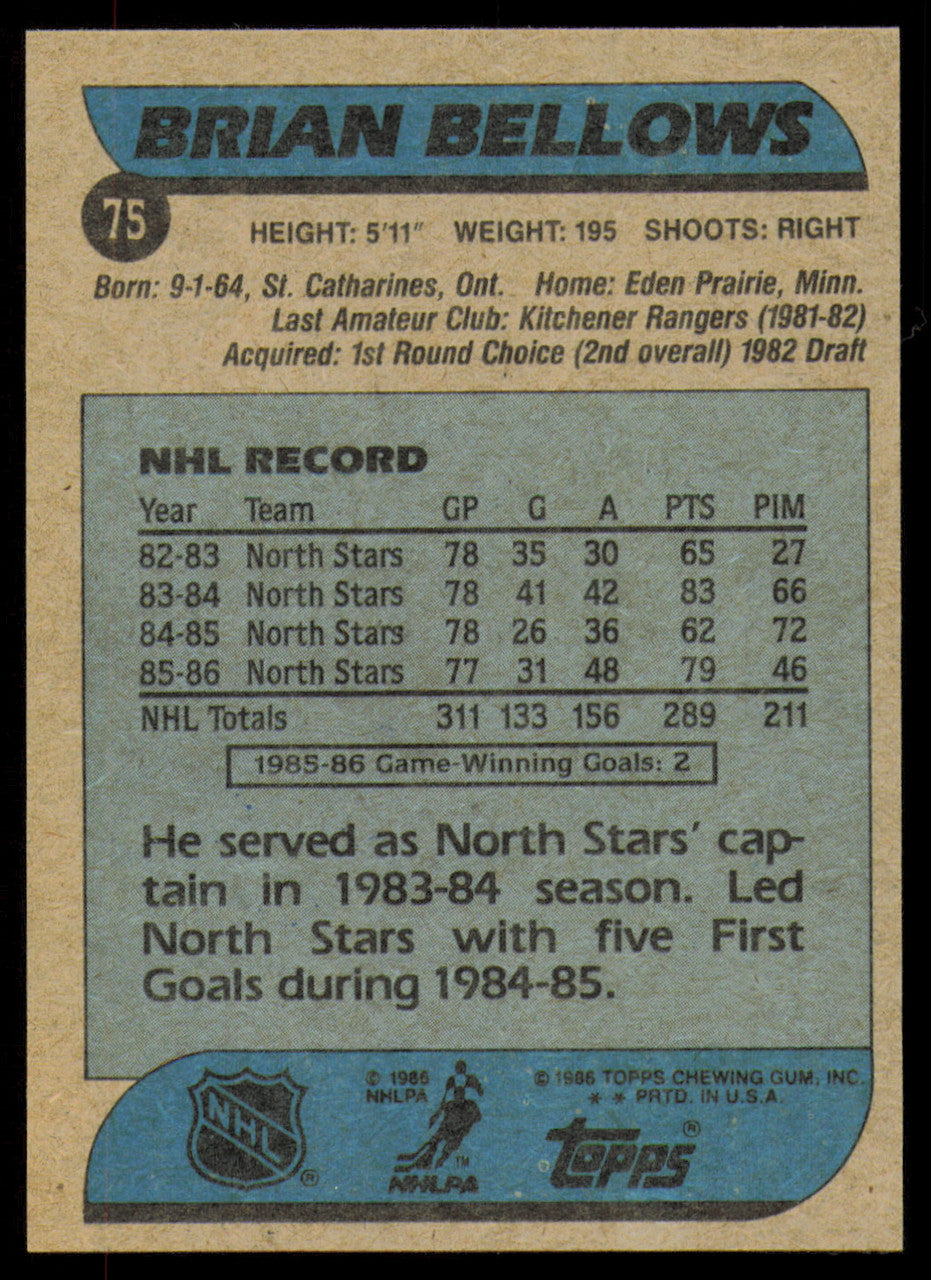 Brian Bellows Autographed 1986-87 Topps Card #75 Minnesota North Stars SKU #254738