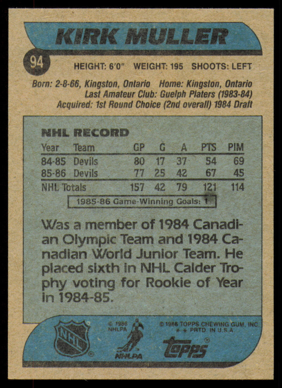 Kirk Muller Autographed 1986-87 Topps Card #94 New Jersey Devils SKU #254744