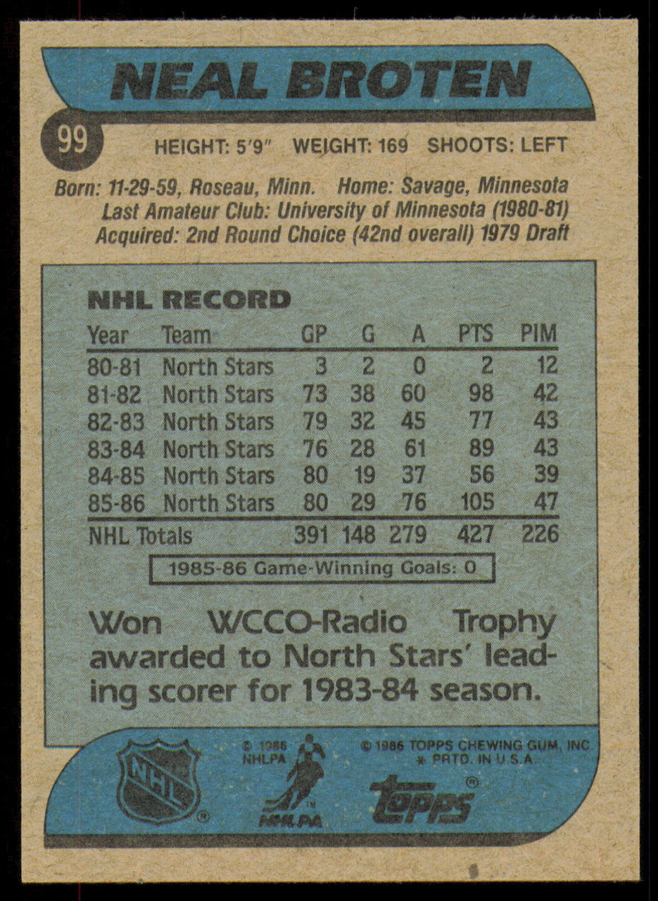 Neal Broten Autographed 1986-87 Topps Card #99 Minnesota North Stars SKU #254753