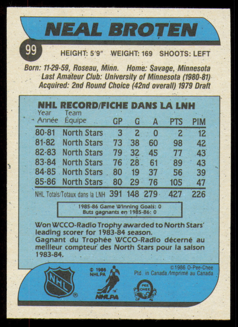 Neal Broten Autographed 1986-87 O-Pee-Chee Card #99 Minnesota North Stars SKU #254755