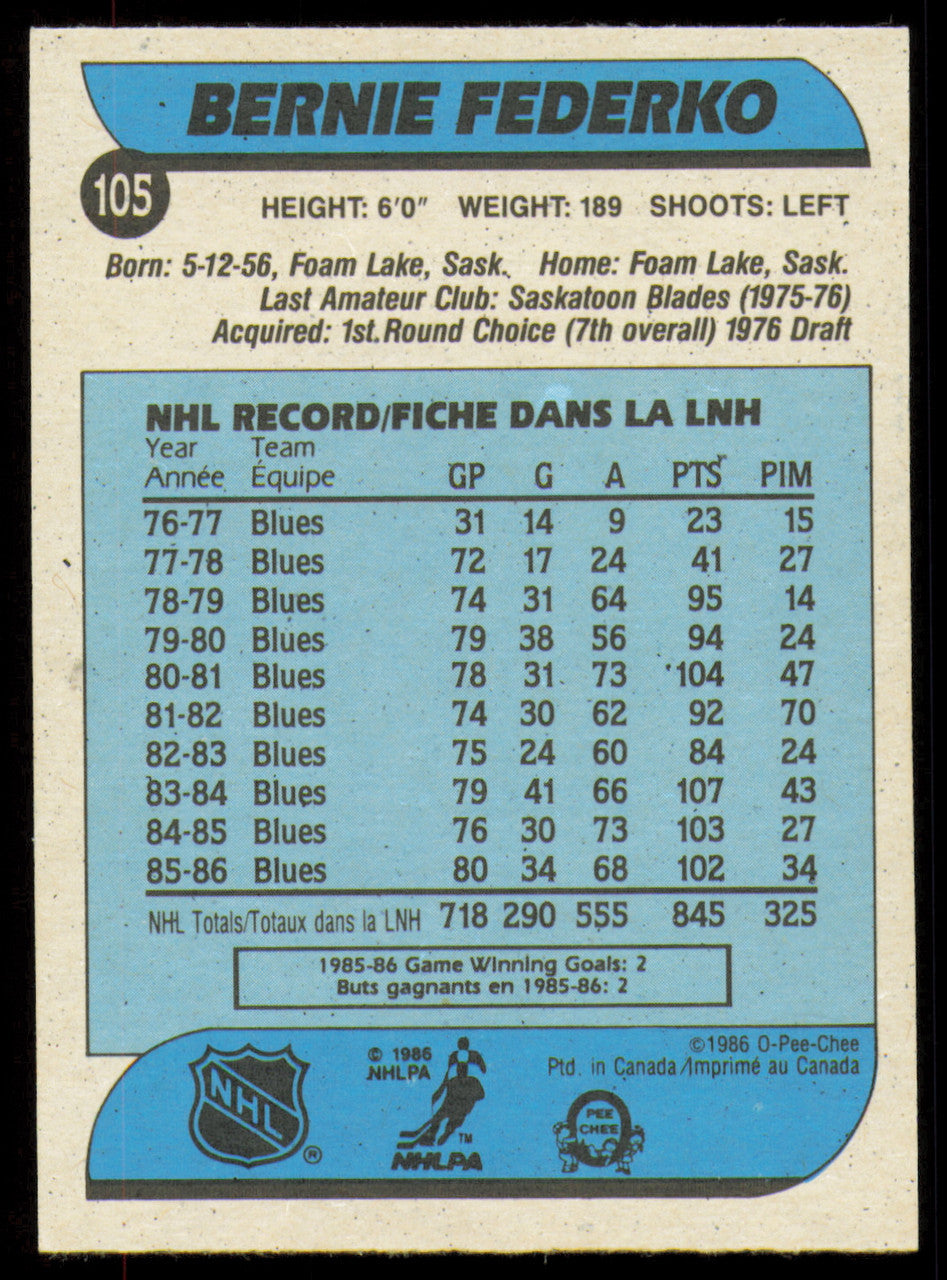 Bernie Federko Autographed 1986-87 O-Pee-Chee Card #105 St. Louis Blues SKU #254761