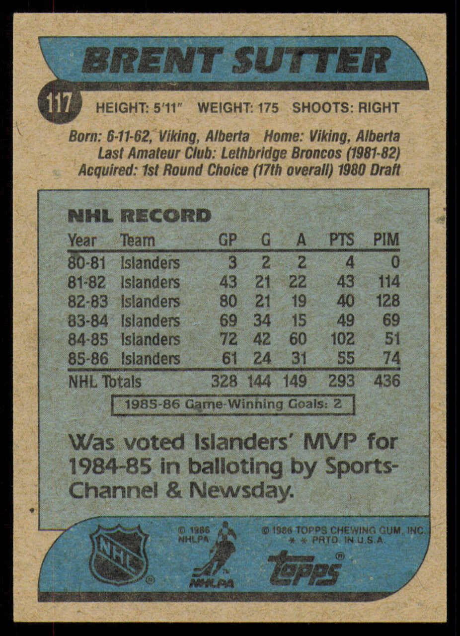 Brent Sutter Autographed 1986-87 Topps Card #117 New York Islanders SKU #254763