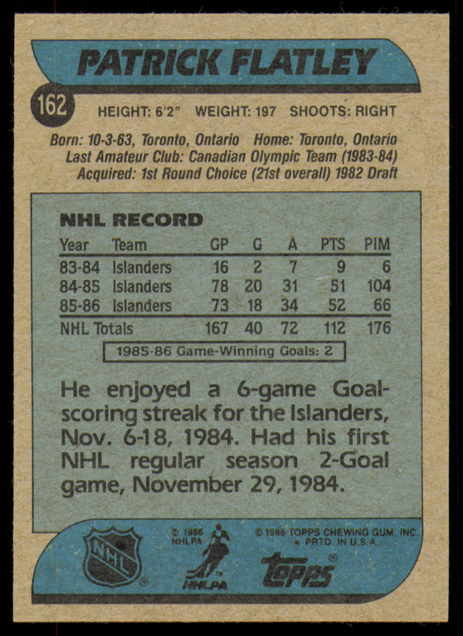 Patrick Flatley Autographed 1986-87 Topps Card #162 New York Islanders SKU #254776