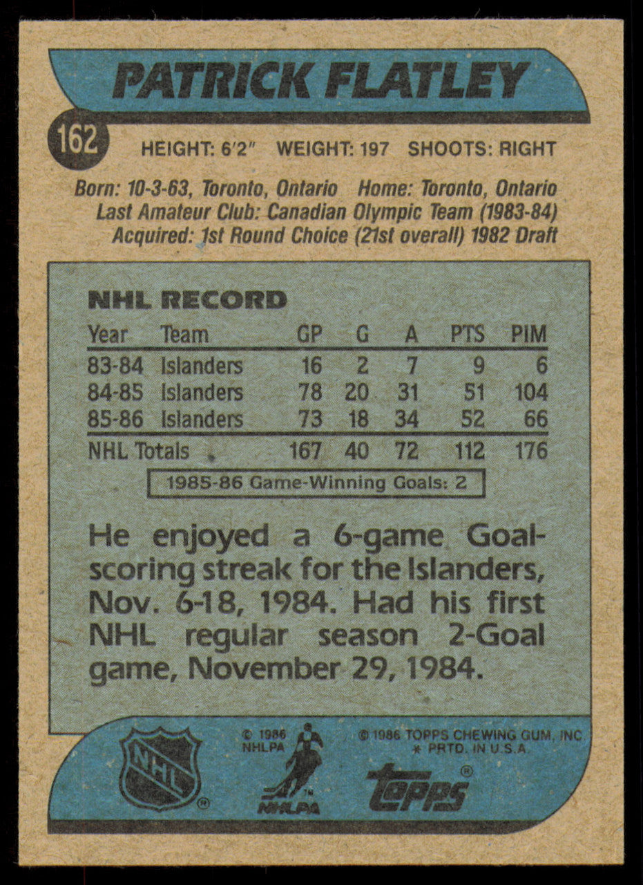 Patrick Flatley Autographed 1986-87 Topps Card #162 New York Islanders SKU #254777
