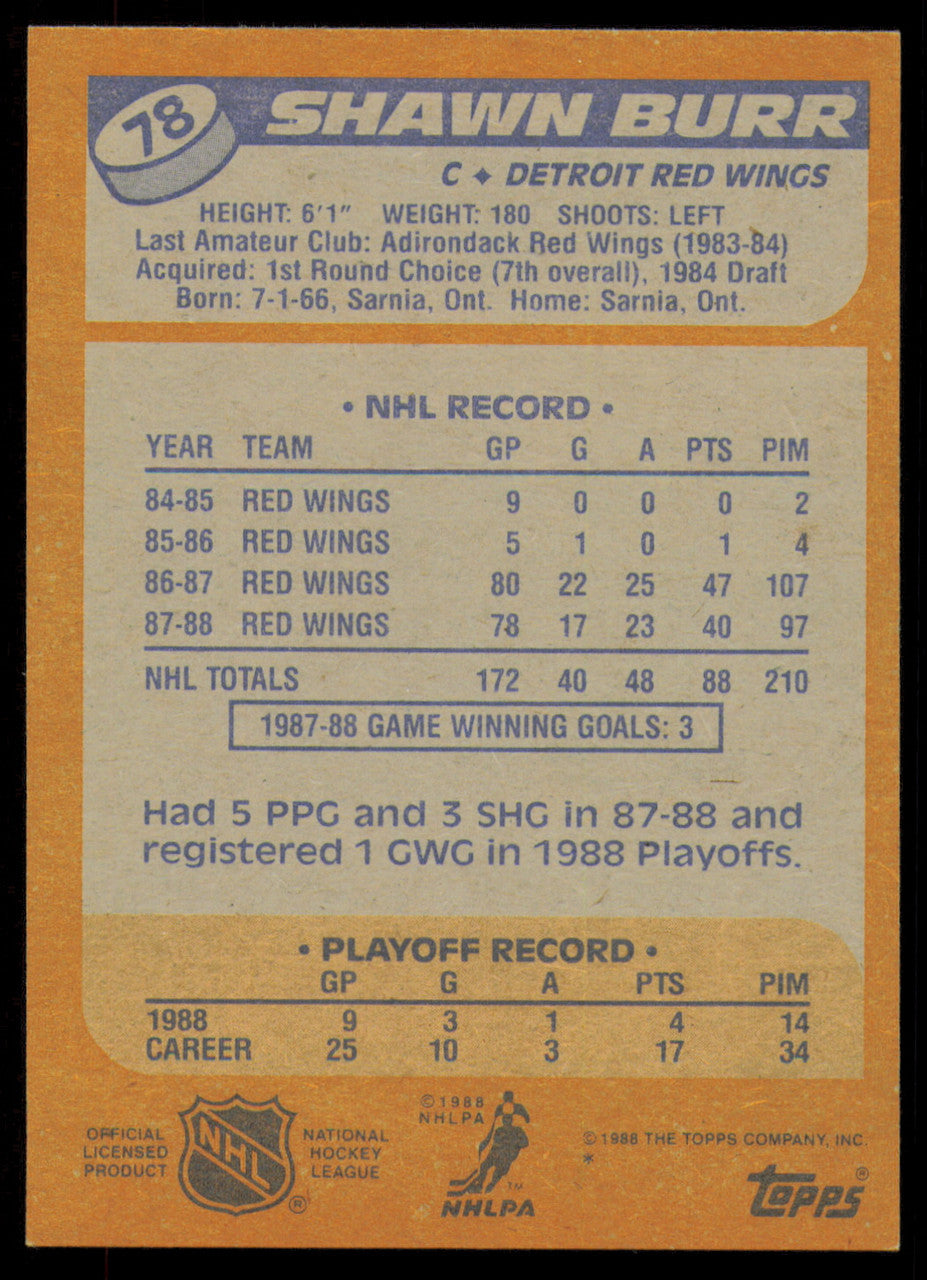Shawn Burr Autographed 1988-89 Topps Card #78 Detroit Red Wings SKU #254820