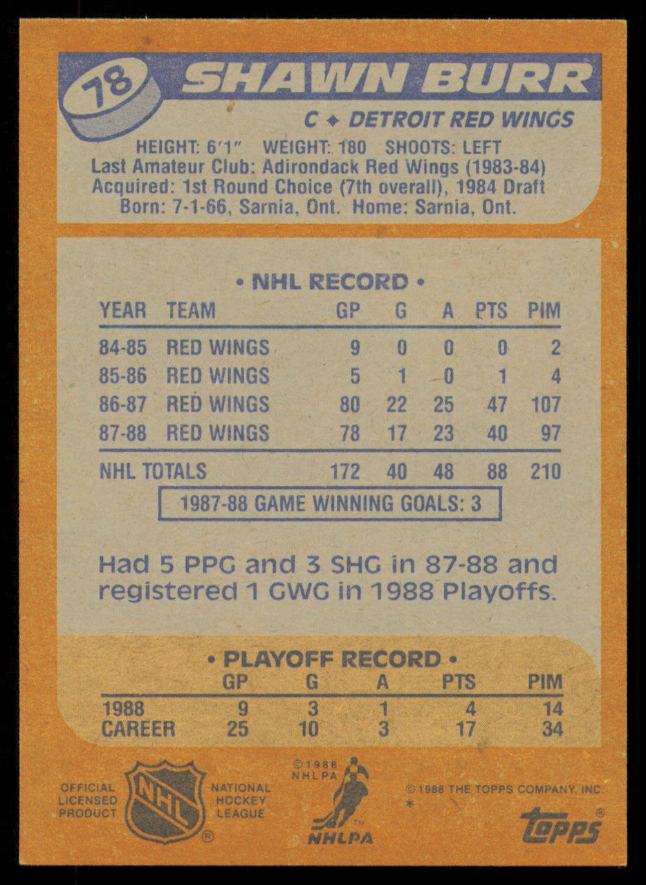 Shawn Burr Autographed 1988-89 Topps Card #78 Detroit Red Wings SKU #254821
