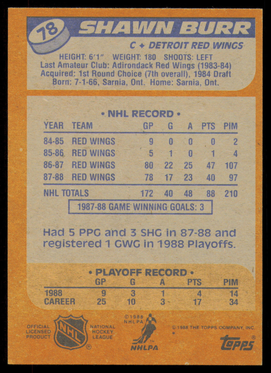 Shawn Burr Autographed 1988-89 Topps Card #78 Detroit Red Wings SKU #254823