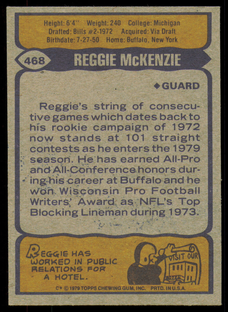 Reggie McKenzie Autographed 1979 Topps Card #468 Buffalo Bills SKU #254832